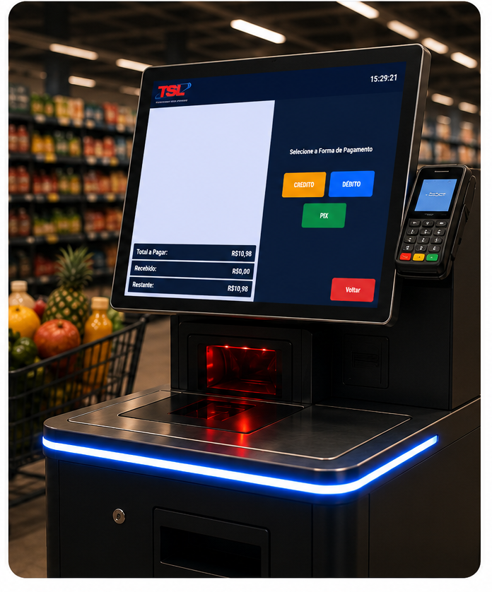 Self check-out para supermercados e padarias com tela real de pagamento